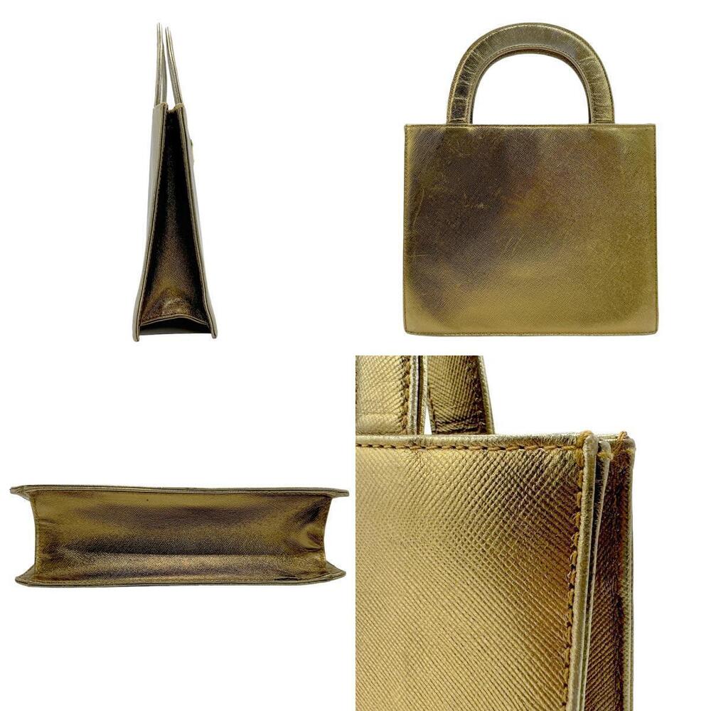Prada Saffiano leather handle bag gold tote structured metallic top Gold